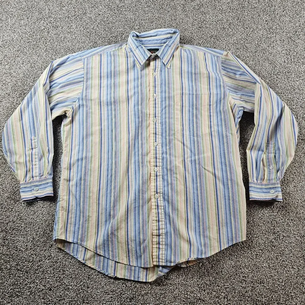 Vintage J Crew Shirt Mens 16.5 33 Blue Yellow Striped Oarsman Long Sleeve Button